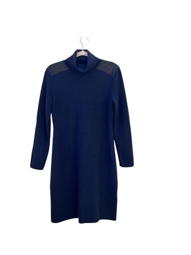 Mini abito Kate Spade misto lana blu navy con toppa in pelle sulle maniche grande