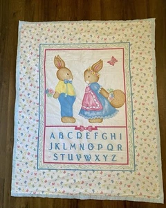 Vintage Handmade Baby Crib Blanket Comforter ABCs Rabbits Quilt 1990’s 43”x45” - Picture 1 of 8