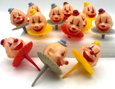 12 enfeites de bolo cabeça de palhaço circo vermelho azul amarelo palitos vintage *Leia - Imagem 1 de 4