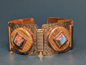 Vintage geätztes Kupfer Faux Türkis Holz Panel Armband 7,5" - Bild 1 von 24