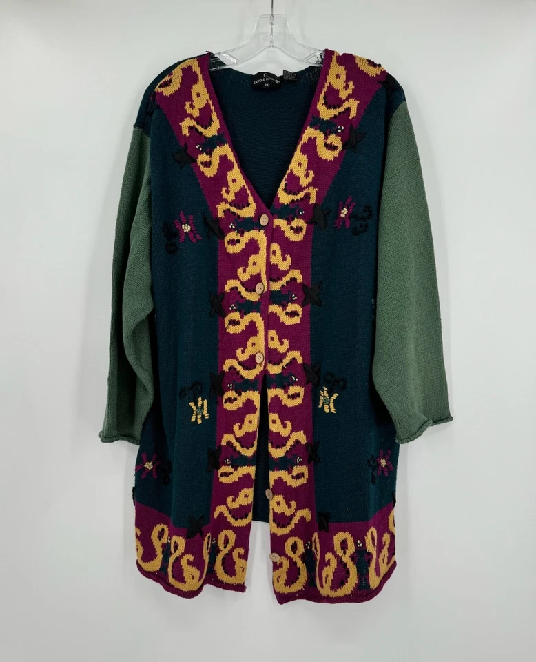 Cárdigan Suéter Carole Little Vintage Colorblock Detalle Bordado Talla 2X Foto 1 de 3