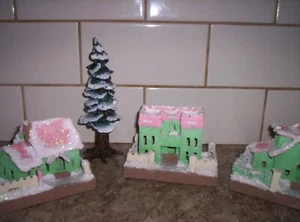 3 VINTAGE PINK/GREEN  PUTZ CHRISTMAS HOUSES - Picture 1 of 10