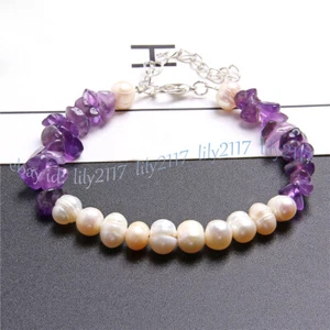 7-8mm Natural White Freshwater Pearl Purple Amethyst Chip Beads Bracelet 7.5'' - Picture 1 of 3