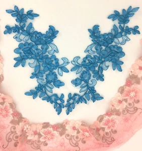 Venice Lace Embroidered Appliques Mirror Pair Turquoise Floral Patch 10" BL154X - Picture 1 of 6