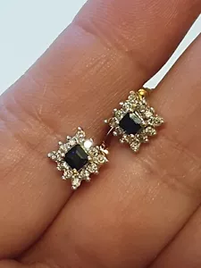 0.12ct Natural Diamond And Blue Sapphire Stud Earrings 9ct Gold Square Design... - Picture 1 of 10