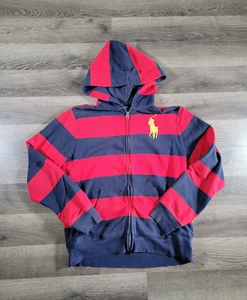 Polo Ralph Lauren Jacket Boys Large Red Knit Hoodie Pony Preppy Classic Striped - Picture 1 of 12