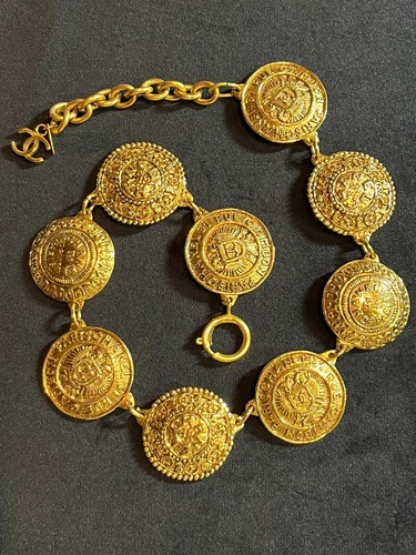 Collana CHANEL AUTENTICA Catena Coco CC Raro Ciondolo Logo Medaglia Moneta Oro Rotonda SE45