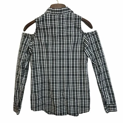 Blusa Ecko Mujer M Hombro Frío Negra Blanca Cuadros Tachuelas Cadenas Algodón Foto 1 de 4