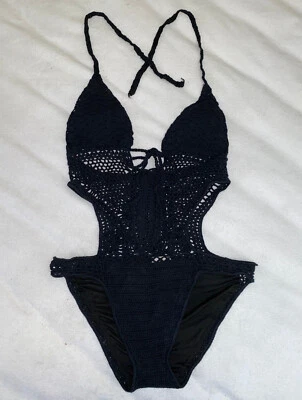 Lisa Maree Swimsuit Monokini Crochet Cut Outs Black Medium New No Tags - Image 1 of 4