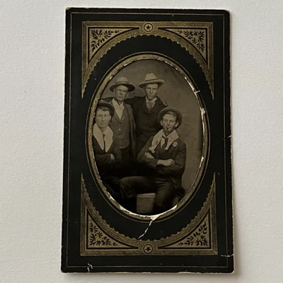 Antique Tintype Group Photograph Handsome Young Affectionate Men Hat - Image 1 of 4
