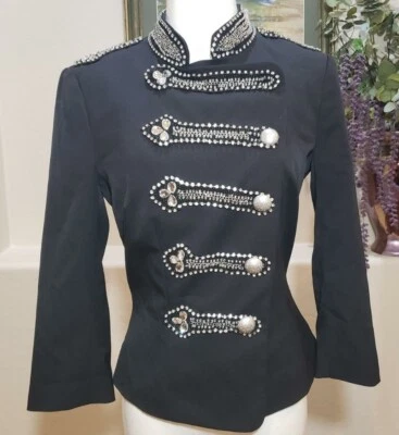 BEBE - Black Sgt Pepper Military Style Jacket Embellished with Rhinestones - Image 1 of 4