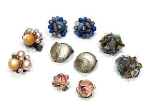 LOTTO 5 PAIA ORECCHINI STRASS CLIP ON GRAPPOLO VETRO SMALTO FINTA PERLA vintage - Foto 1 di 9