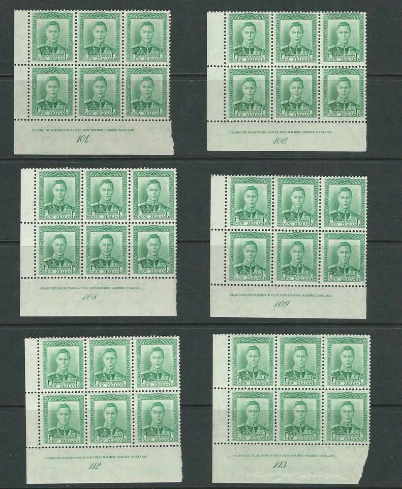 NUEVA ZELANDA 1938 KGVI 1d VERDE 6 placas bloques de 6 (incl 108 y 109) MNH z20 Foto 1 de 1