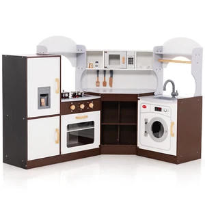 HONEY JOY Kids Pretend Play Kitchen Wooden Cooking Playset w/Sounds Lights Brown - Picture 1 of 9