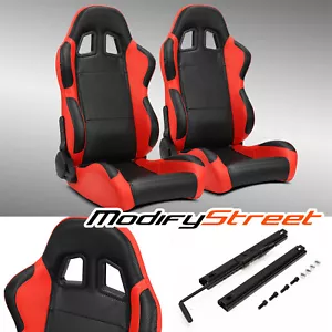 1 Pair Universal Main Black Carbon Fiber PVC Reclinable Racing Seats w/Slider - Foto 1 di 8