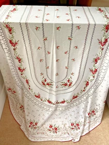 VINTAGE WEISSE SPANISCHE SPITZE GROSSE OVALE TISCHDECKE ~ 90" x 56" ROTES BLUMENDESIGN - Bild 1 von 4