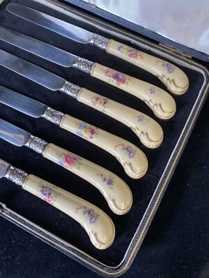 Vintage Set Bone China Porcelain Pistol Grip Knives 19.5cm (7 1/2") Fitted Case - Image 1 of 4