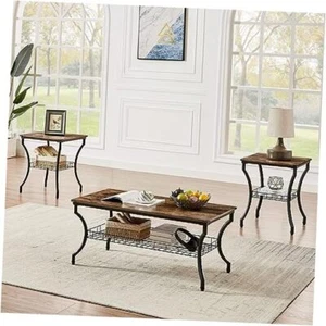 3 Pieces Living Room Table Sets, Coffee and End Tables with Open Storage Brown - Picture 1 of 8