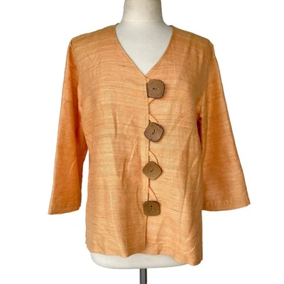 CAROLINE ROSE Lagenlook Silk Top Orange Woven V-neck Button 3/4 Sleeve Blouse S — 第 1/3 张图片
