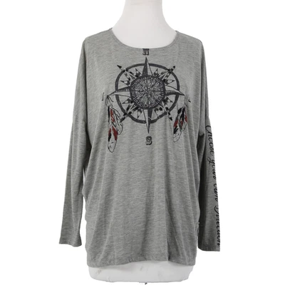Double D Ranch Top Sz M Gray Black Beaded Embroidered Compass Poly Rayon Top - Image 1 of 4