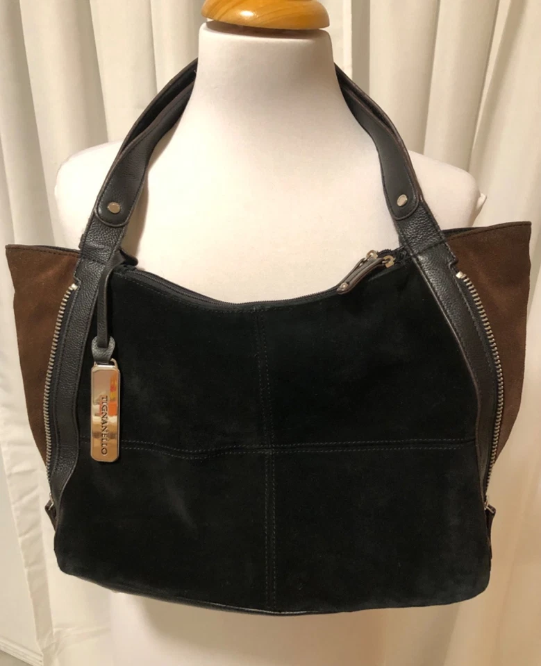 Bolsa de ombro Tignanello preta/marrom couro camurça bolsa expansível vários bolsos - Imagem 1 de 4