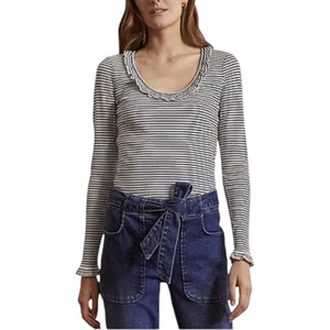 Boden Voop Ribbed Frill Trim Long Sleeve Striped Ruffle Top Shirt Size US 2 UK 6 - Picture 1 of 6