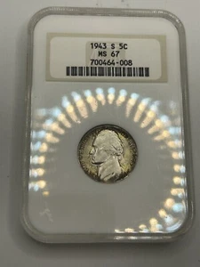 1943 S- JEFFERSON -NGC MS67 - NICKEL 5c! OLD FATTY HOLDER! NICE COLOR** - Picture 1 of 6