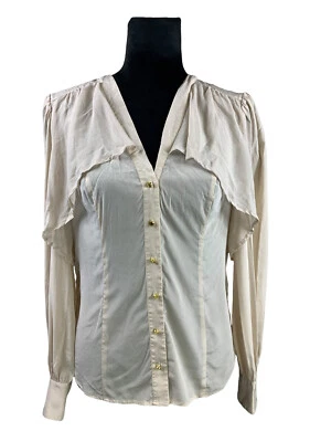 Blusa Bebe Flyaway de seda con botones en capas marfil crema talla L Foto 1 de 4