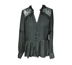 Y.A.S Blouse Size M Black Dot Pattern Lace Trim Button-Up Long Sleeve Polyester - Picture 1 of 11