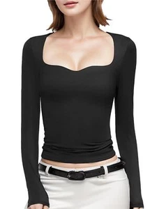 Women's Long Sleeve T Shirts Sweetheart Neck Slim Fit Tops Sexy Basic Tee - Picture 1 of 11