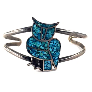Vintage Sterling Silver 6.5" Cuff Bracelet Owl Turquoise Inlay Southwestern Zuni - Picture 1 of 9