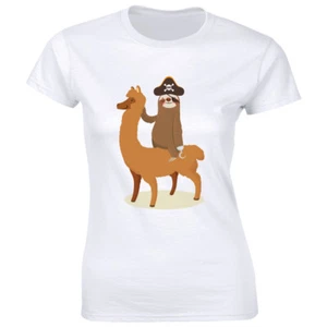 Cute Pirate Sloth with Hook Riding Llama Women's T-Shirt Funny Alpaca Animal Tee - Picture 1 of 1