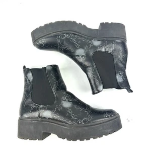 Iron Fist Skull Bootie 38 Black Faux Leather Platform Ankle Boot Womens Slip On - Picture 1 of 9