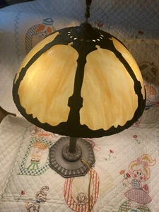 Signed Original Antique Bradley & Hubbard Slag Glass & Cast Iron 3-Bulb Lamp - Picture 1 of 12