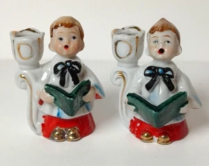Vintage Choir Boy Pair Altar Caroler Singer Hymn Porcelain Candle Holders Japan - Imagen 1 de 10