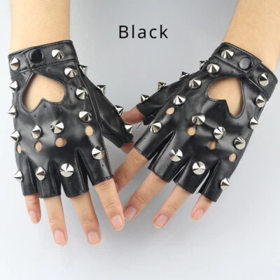 Women Faux Leather Fingerless Gloves Half Finger Stud Rivet Punk Gothic Chic - Image 1 of 4
