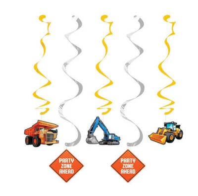 CONSTRUCTION TRUCKS Birthday Party HANGING SWIRL DECORATIONS  5pc dizzy danglers - Image 1 of 2