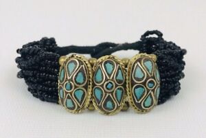Turquoise Mosaic Inlayed Panel Wrap Bracelet Black Seed Bead Ethnic Boho 