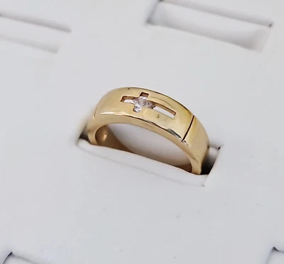 Gold Band With Cross Ring, CZ Cross Ring, Gold Wedding Band, 14k Plated Gold - Image 1 of 4
