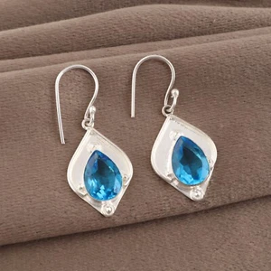 Swiss Blue Topaz Earrings 925 Sterling Silver Handcrafted Gemstone Jewelry 1.90" - Picture 1 of 2