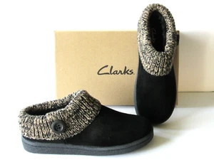 CLARKS Indoor-Outdoor MEMORY FOAM Knit Collar Black Suede Cozy Clogs Womens sz 7 - Picture 1 of 12