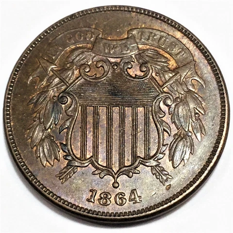 1864 Two Cent Piece Beautiful AU/BU Coin Rare Date Cover