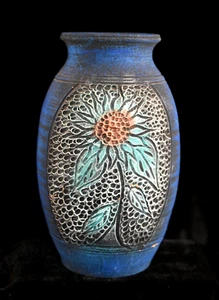 Unique Hand Painted Blue / Black Terracotta Pottery Carved Relief Sunflower Vase - Picture 1 of 9