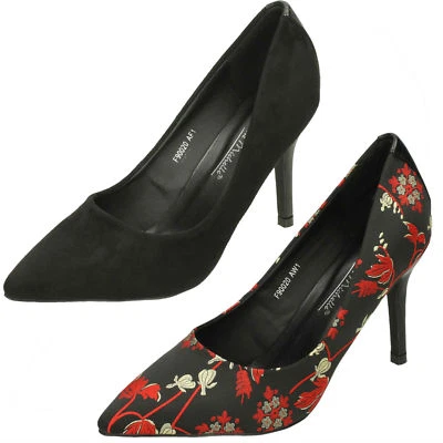 Ladies Black / Black & Red Slip On Anne Michelle Heeled Court Shoes : F90020 - Image 1 of 4