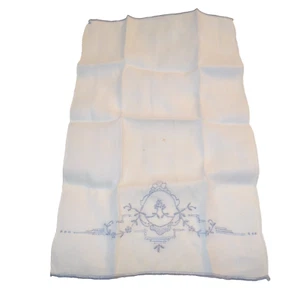 Vintage Linen Cocktail Napkin With Blue Hand Embroidery 13" x 8" - Picture 1 of 7