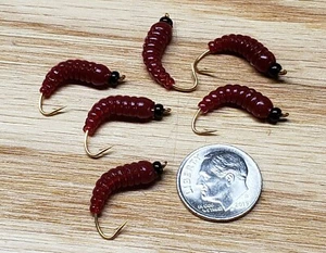 6 - #12 BH Grub Worms Blood Red Wet Fly - Trout, Crappie, Pan Fish, - Picture 1 of 1