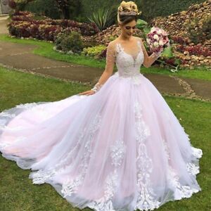 Long Sleeve Wedding Dresses Pink Illusion Neck A Line Beaded Bridal Wedding Gown