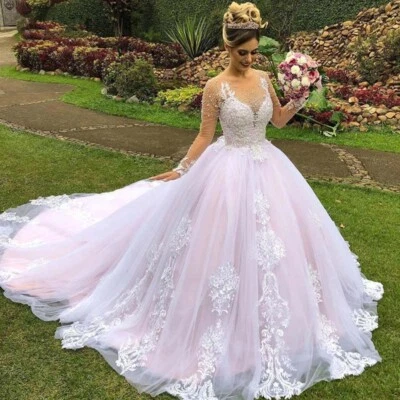 Pink Long Sleeve Wedding Dresses Illusion Neck A Line Beaded Bridal Wedding Gown - Image 1 of 4