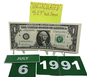 Birthday Note Dollar July 6 1991 . Fancy Serial Number UNCirculated BEP Fresh ! - Picture 1 of 13