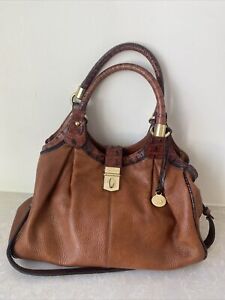 BRAHMIN Embossed Brown Leather Hobo Satchel Handbag Gold Hardware